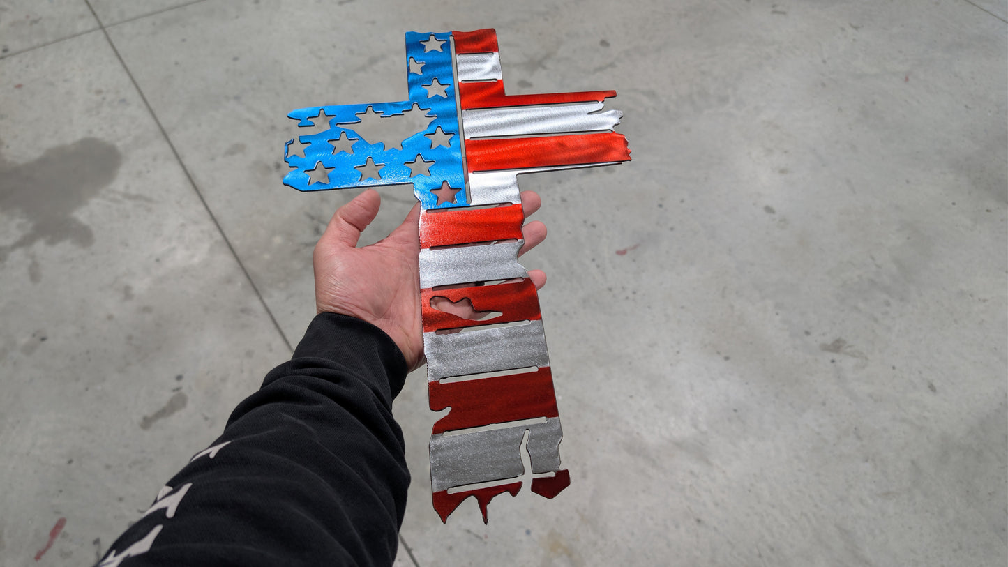 American Flag Cross Metal Wall Art – Holographic Finish