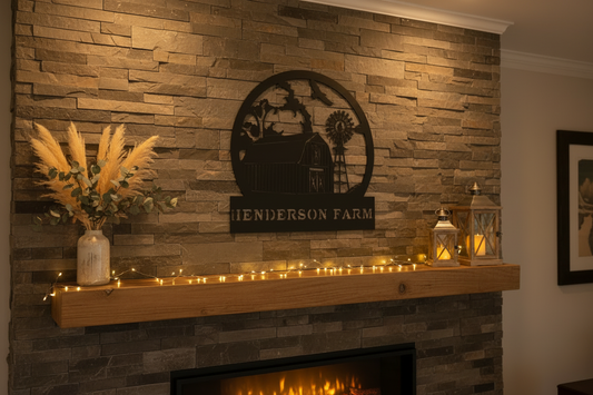 Henderson Farm Sign Above Rustic Farmhouse Fireplace