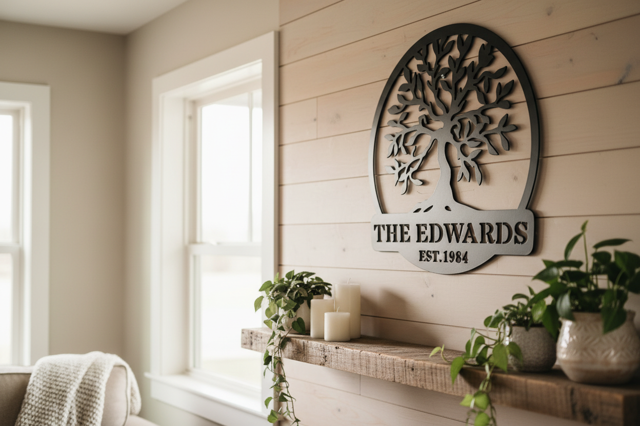 Personalized Family Tree Metal Sign in farmhouse living room